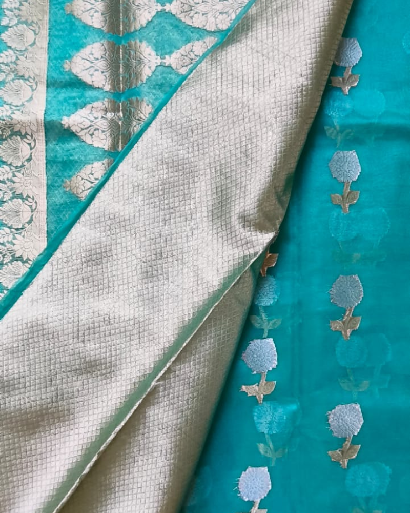 Pastel Blue Banarasi Semi Kora Organza Saree