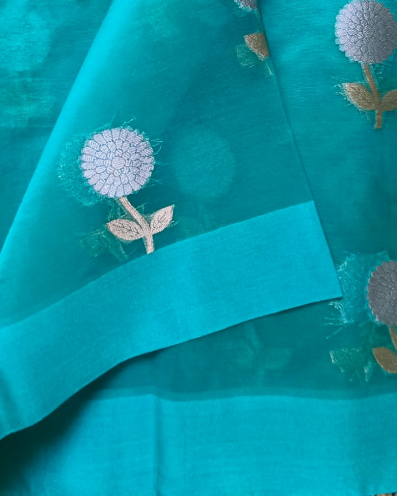 Pastel Blue Banarasi Semi Kora Organza Saree