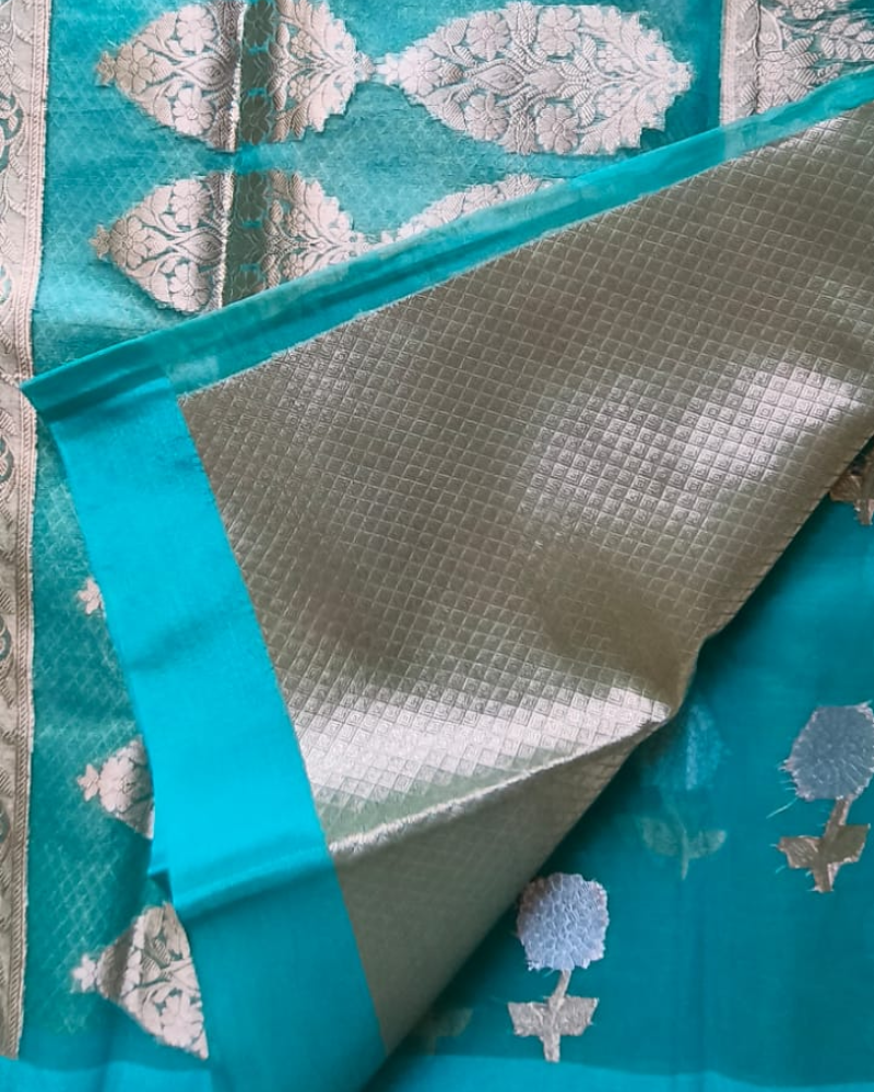 Pastel Blue Banarasi Semi Kora Organza Saree