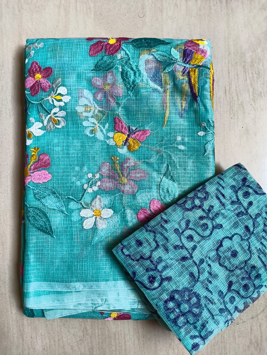 Light Blue Embroidered Kota Saree