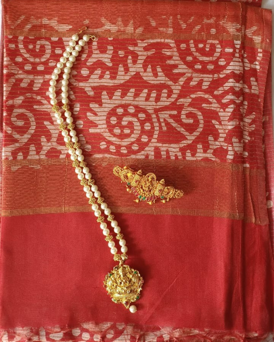 Red Geecha silk - Batik Screen Print (handmade) saree