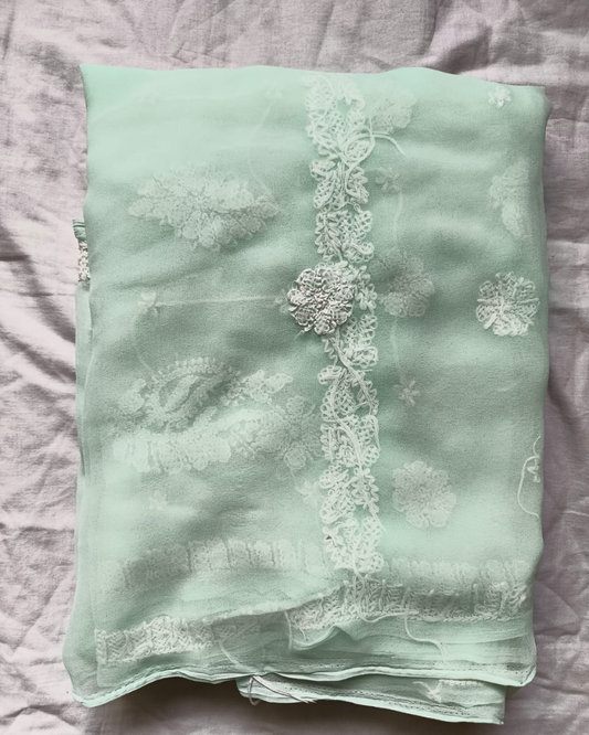 Turquoise Blue Georgette chikankari saree