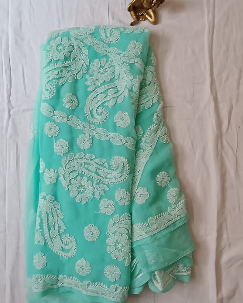 Cyan Georgette chikankari saree