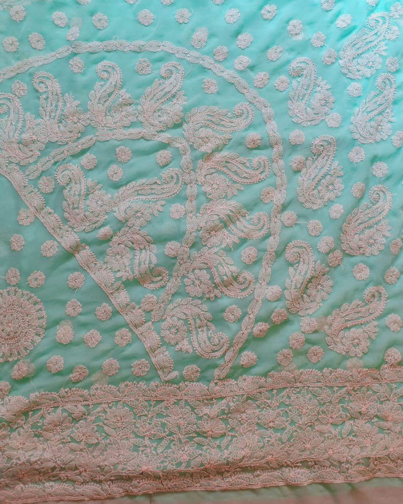 Cyan Georgette chikankari saree
