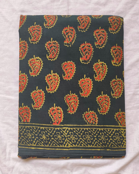 Dark Green Bagru Print Mul Cotton