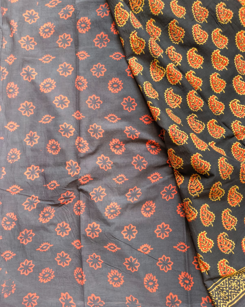 Dark Green Bagru Print Mul Cotton