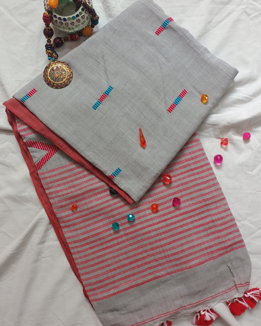 Handloom Gray Mul Cotton Saree