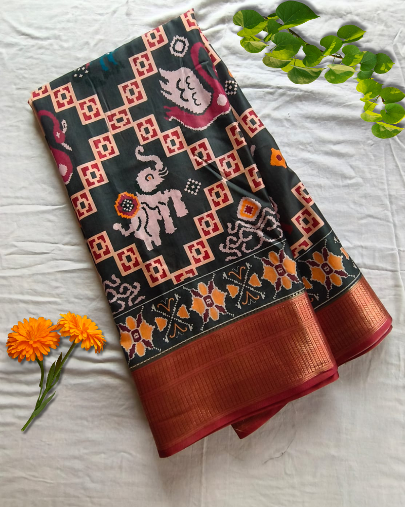 Greenish Grey Patola Pattern Art silk