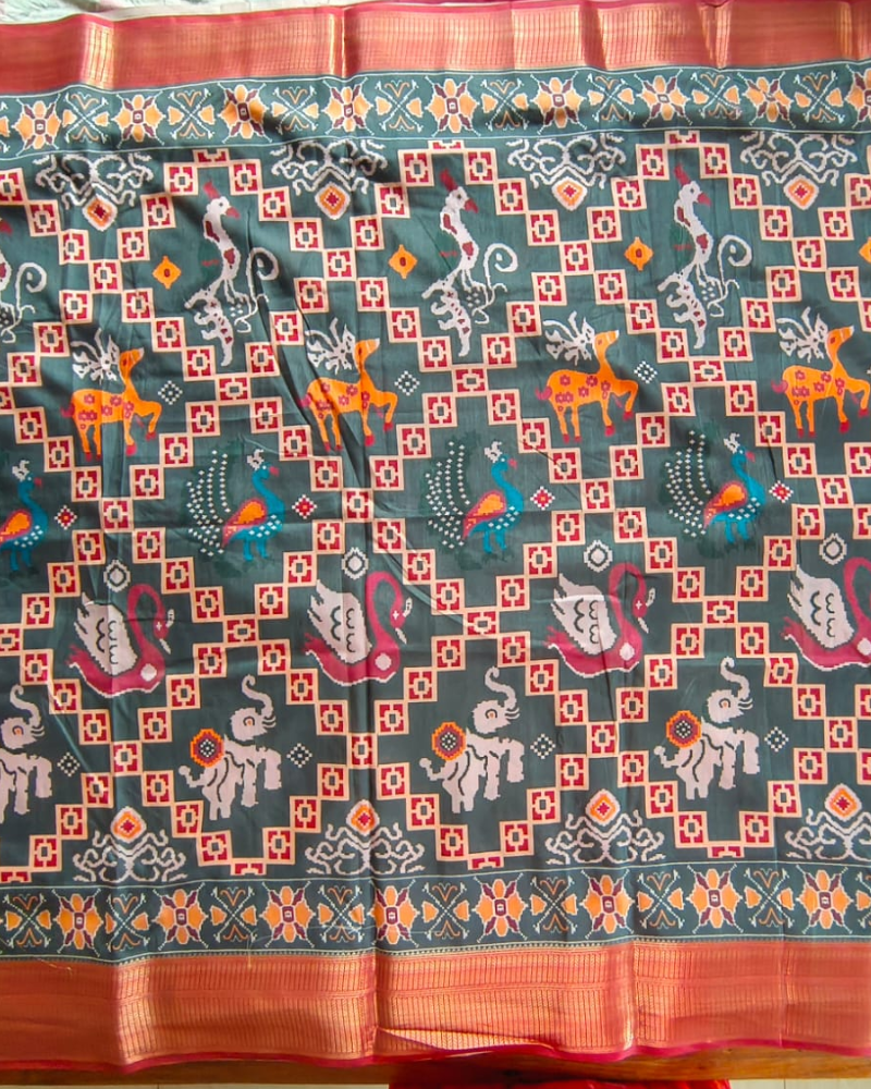 Greenish Grey Patola Pattern Art silk