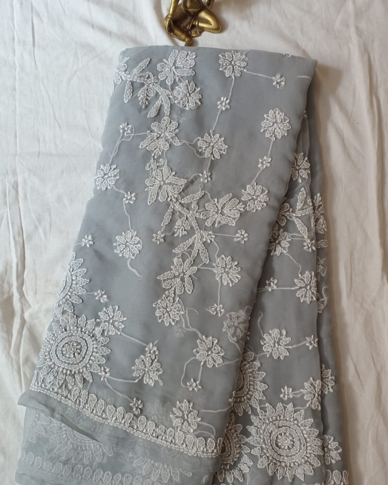 Grey Georgette Chikankari saree