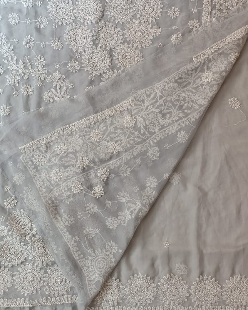 Grey Georgette Chikankari saree