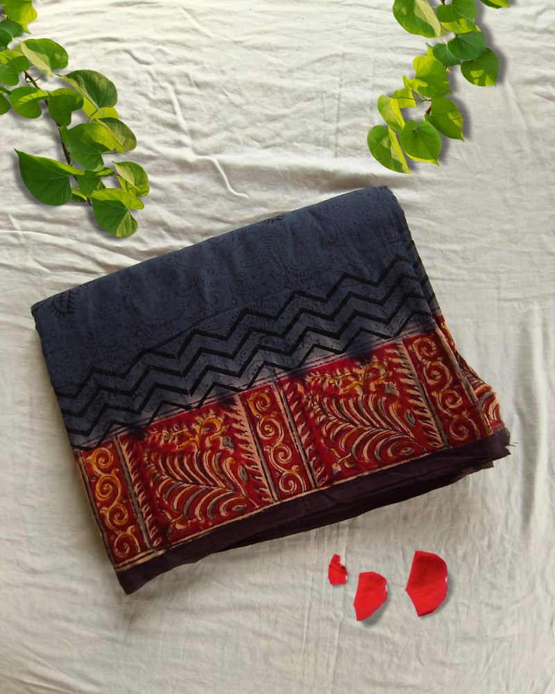 Grey Mul Cotton Saree with Kalamkari Border