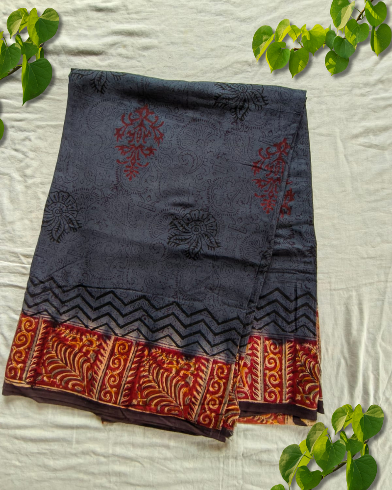 Grey Mul Cotton Saree with Kalamkari Border