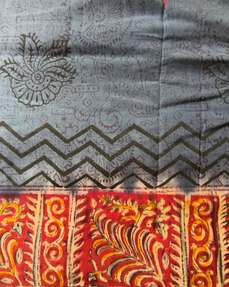 Grey Mul Cotton Saree with Kalamkari Border
