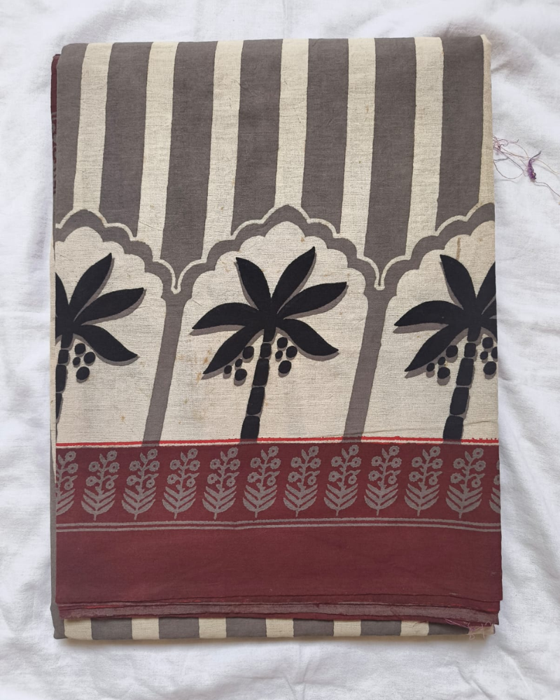 Grey & White Bagru Print Mul Cotton