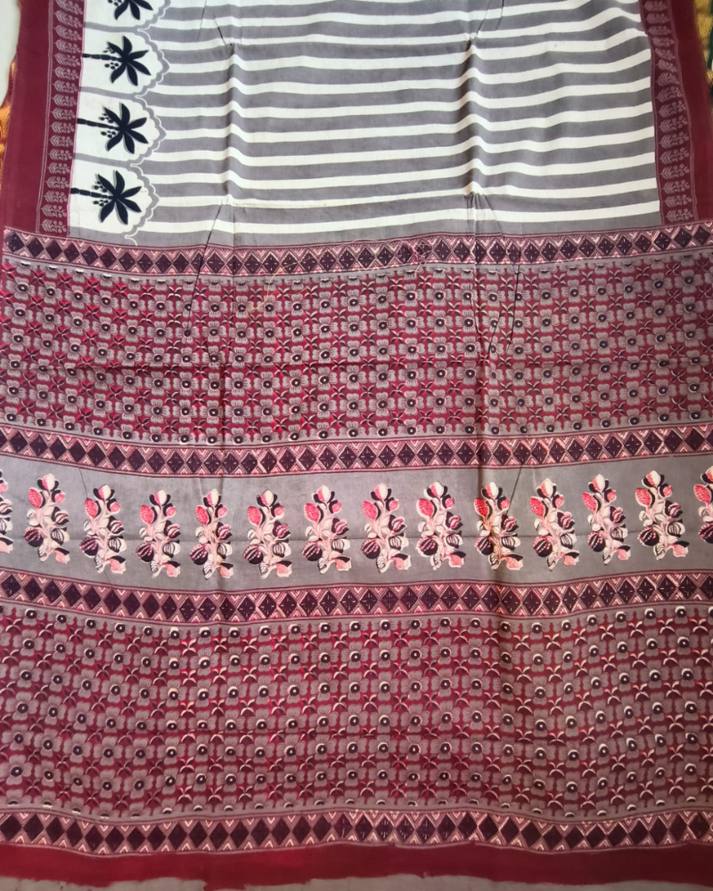 Grey & White Bagru Print Mul Cotton