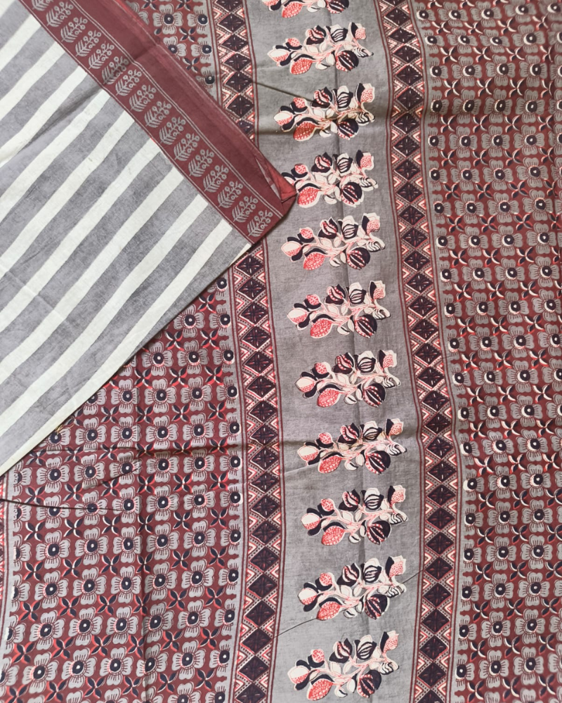 Grey & White Bagru Print Mul Cotton