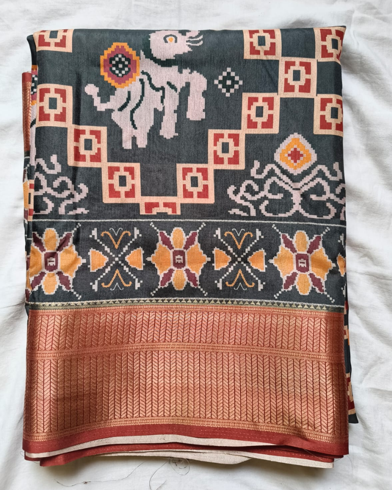 Greenish Grey Patola Pattern Art silk