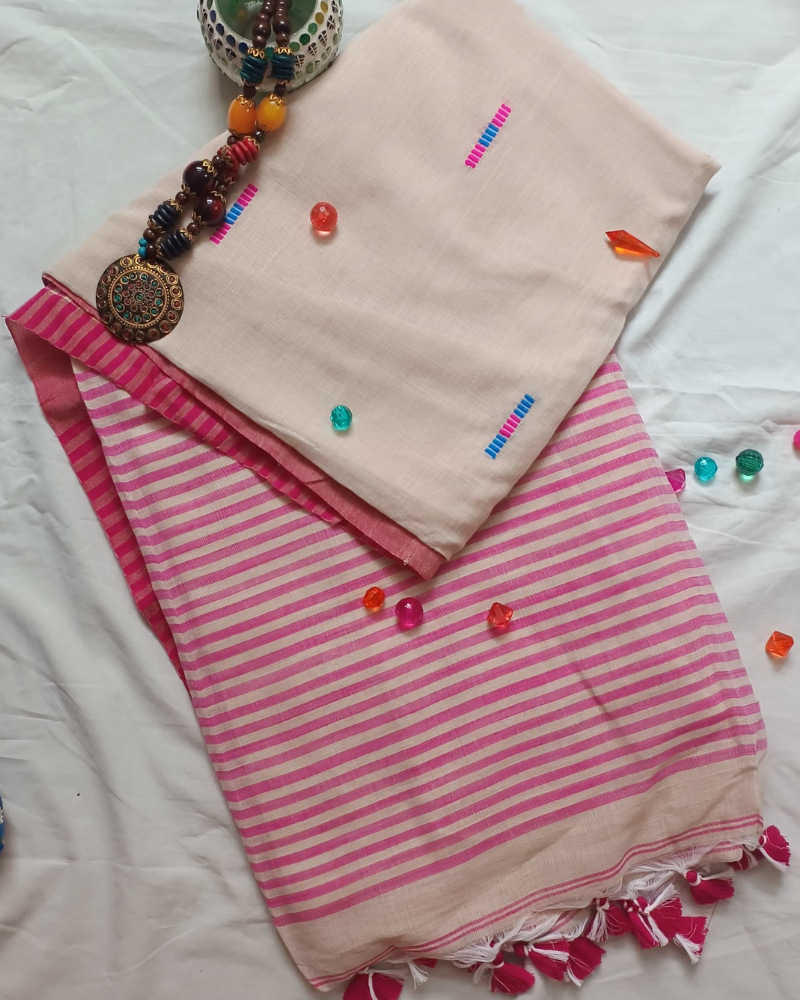 Handloom Beige Mul Cotton Saree