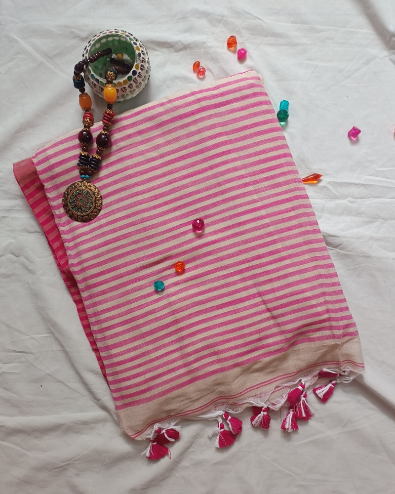 Handloom Beige Mul Cotton Saree