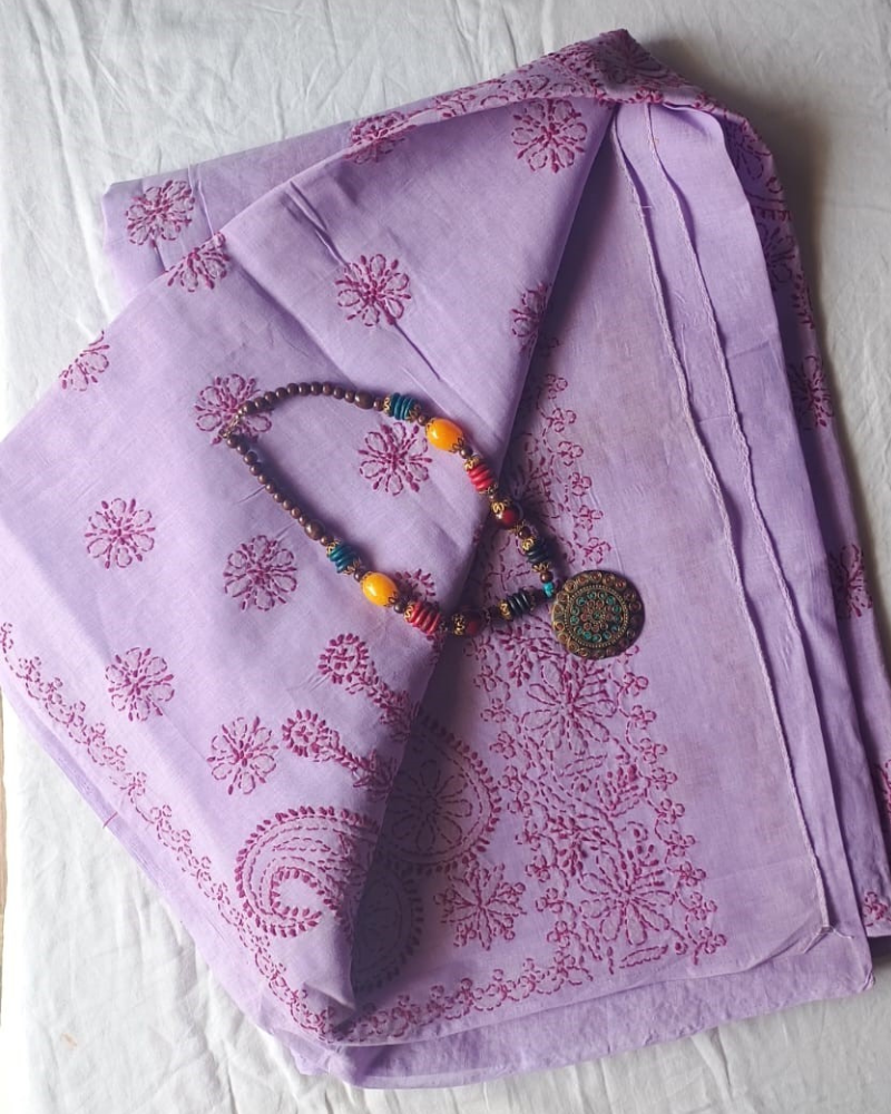 Lavender Cotton Chikankari work saree