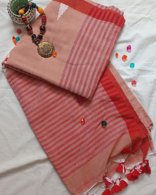 Handloom Light Brown Mul Cotton Saree