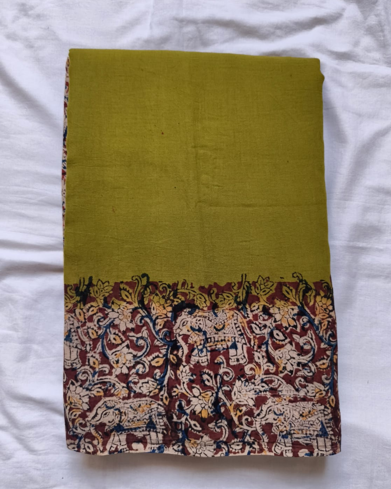 Mahndi Green Mul Cotton Saree with Kalamkari Border