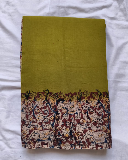 Mahndi Green Mul Cotton Saree with Kalamkari Border