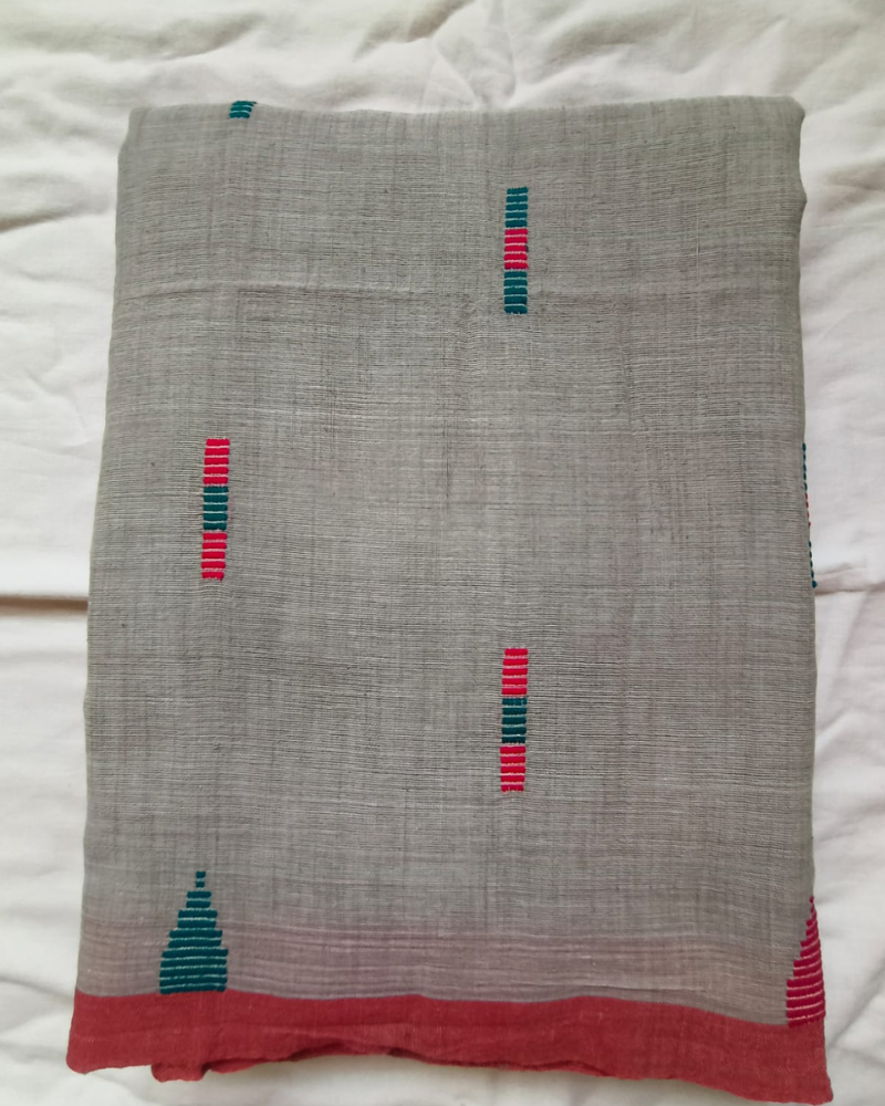 Handloom Gray Mul Cotton Saree