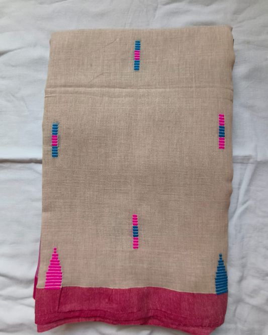 Handloom Beige Mul Cotton Saree
