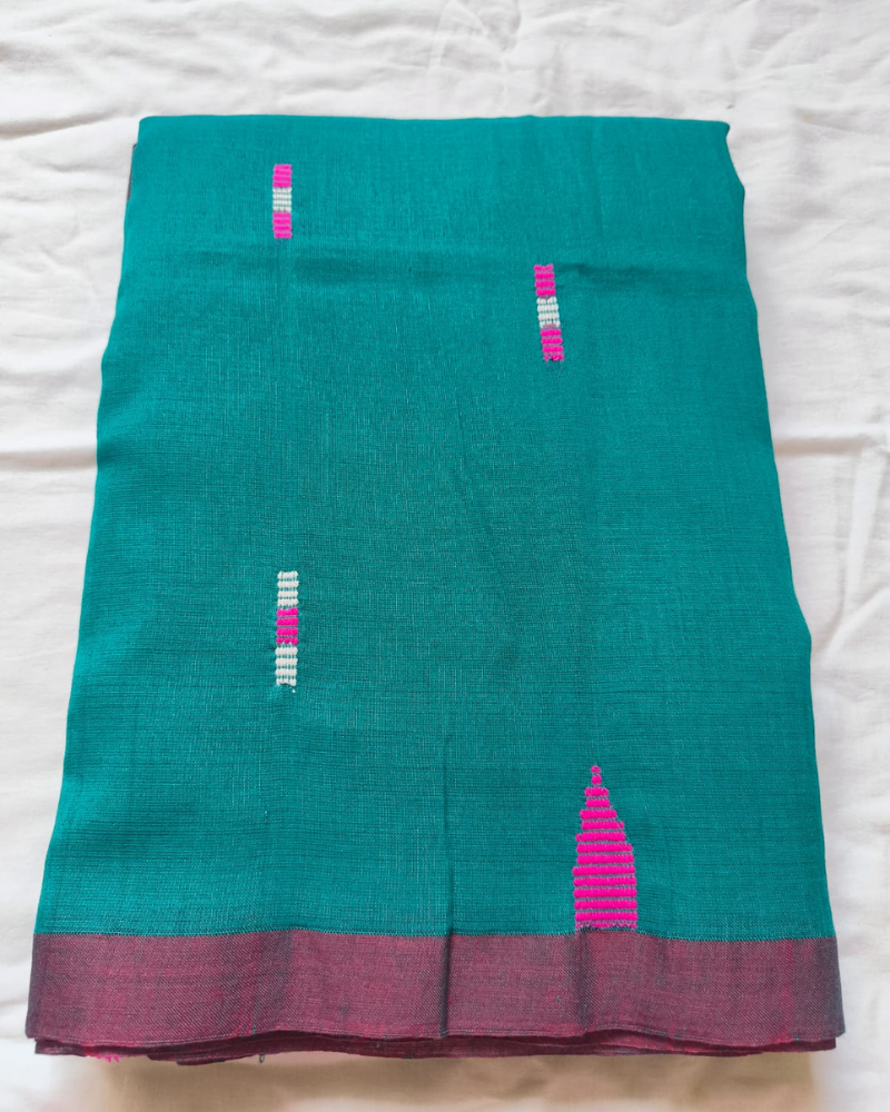 Handloom Teal Mul Cotton Saree