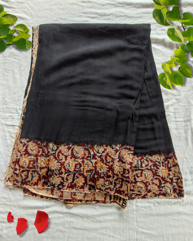 Black Mul cotton saree with Kalamkari Border