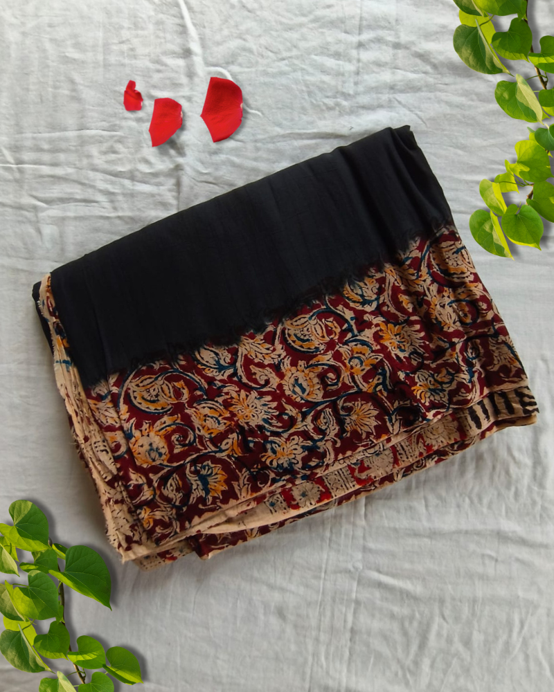 Black Mul cotton saree with Kalamkari Border