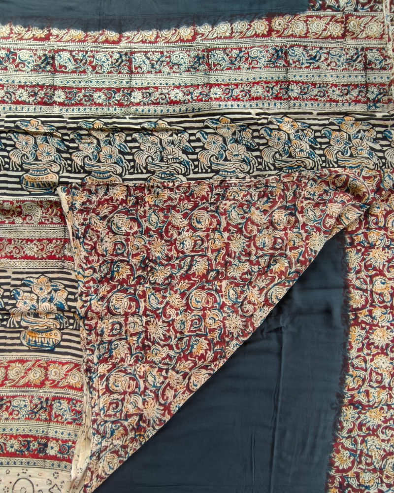 Black Mul cotton saree with Kalamkari Border