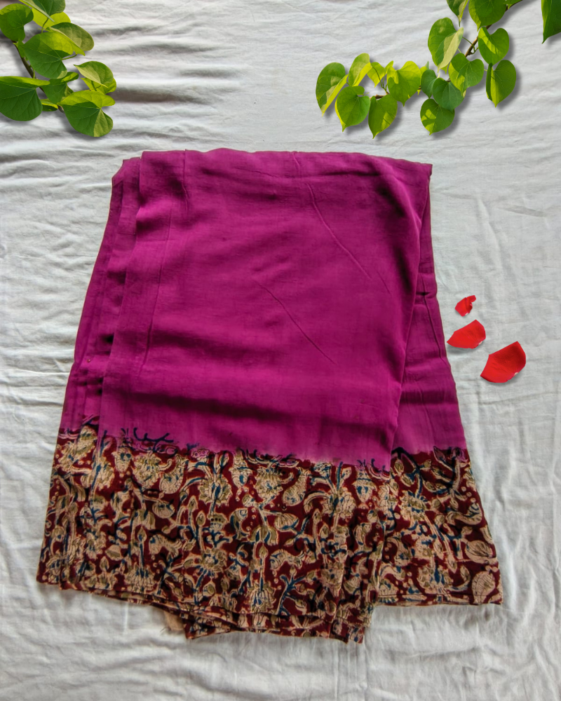 Magenta Mul Cotton Saree with Kalamkari Border