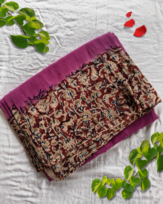 Magenta Mul Cotton Saree with Kalamkari Border