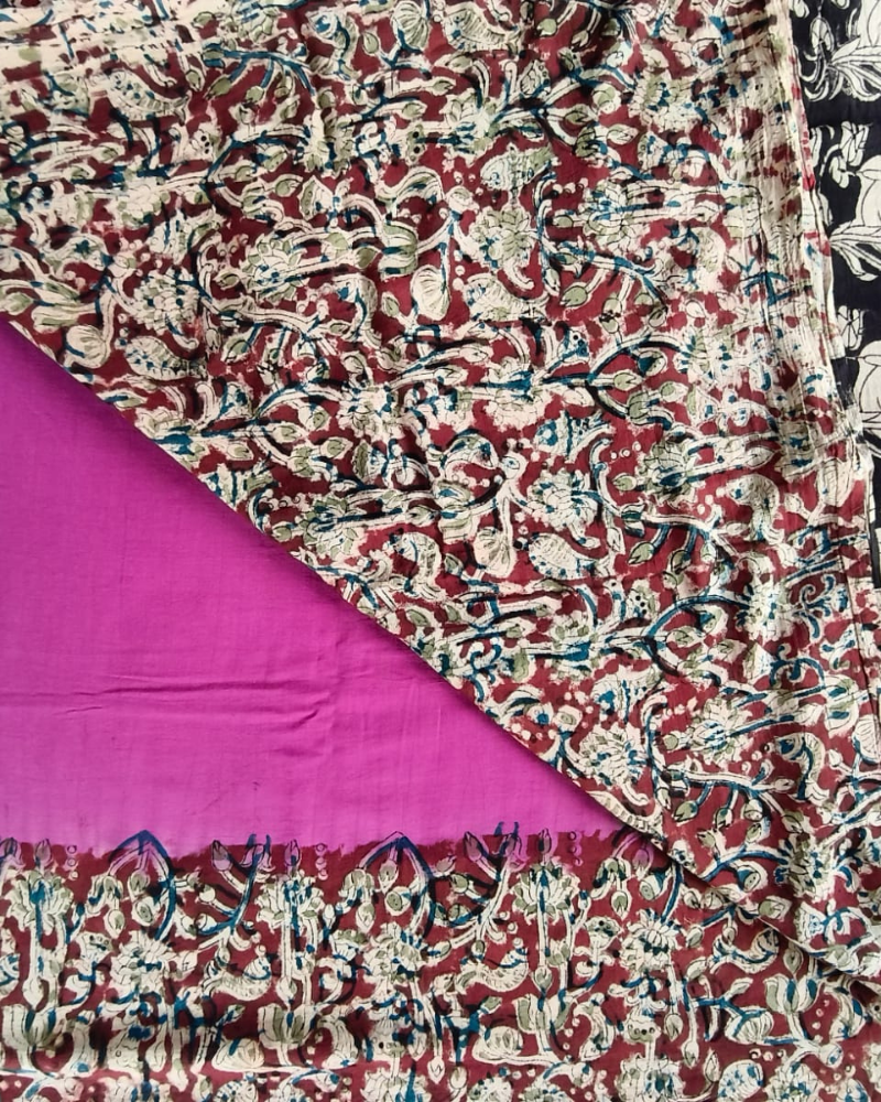Magenta Mul Cotton Saree with Kalamkari Border