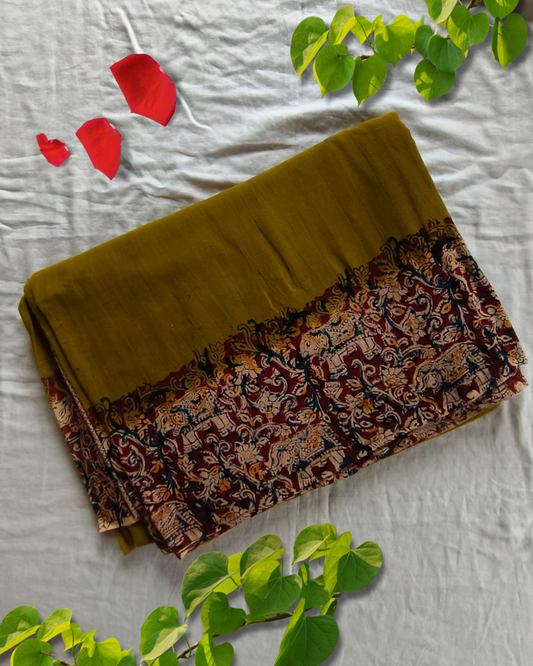 Mahndi Green Mul Cotton Saree with Kalamkari Border