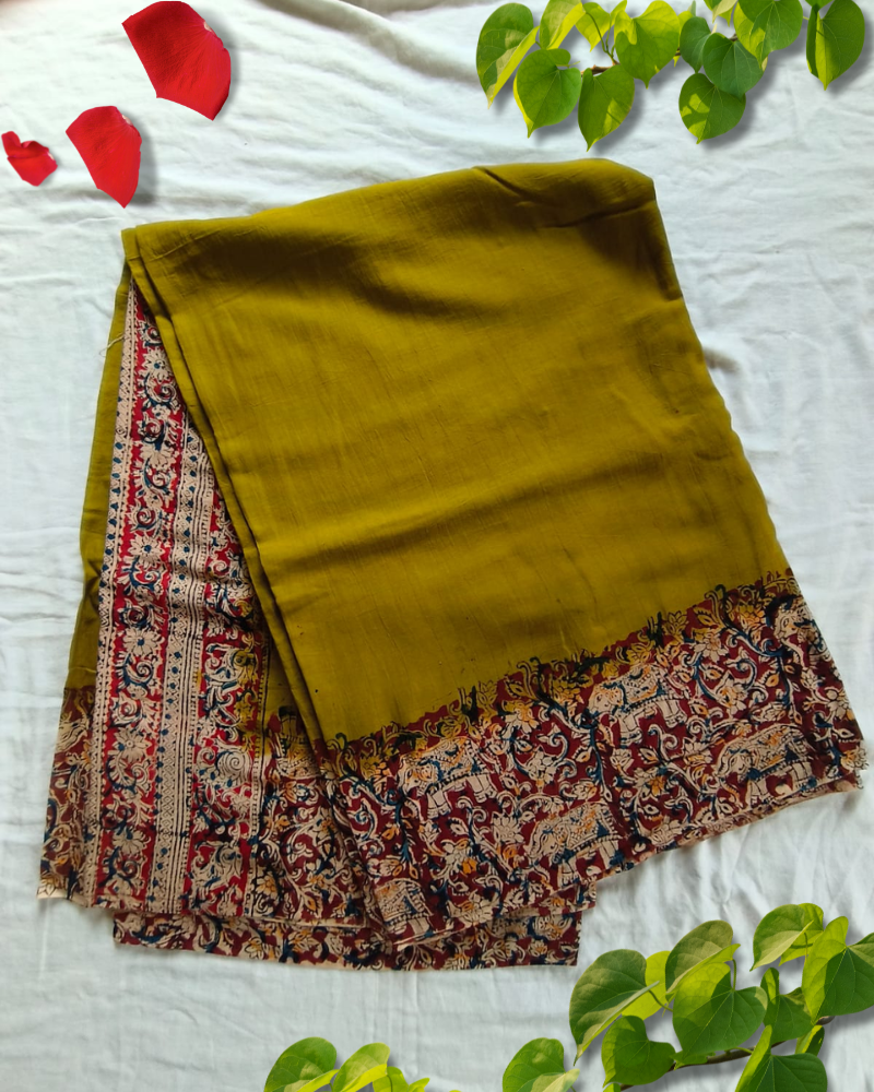 Mahndi Green Mul Cotton Saree with Kalamkari Border