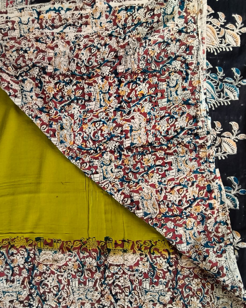 Mahndi Green Mul Cotton Saree with Kalamkari Border