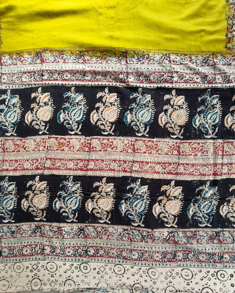 Mahndi Green Mul Cotton Saree with Kalamkari Border