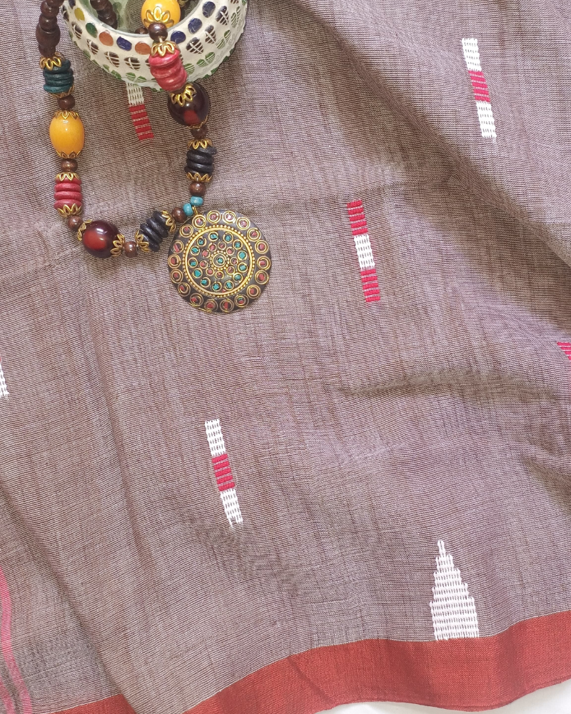 Handloom Muted Brown Mul Cotton Saree
