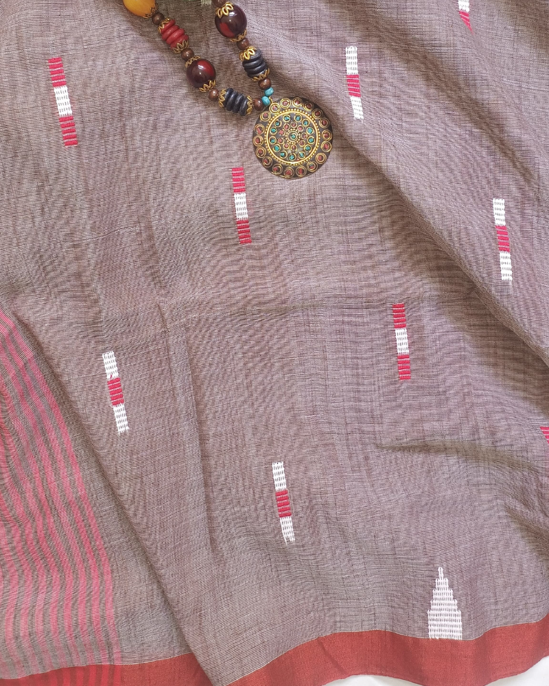 Handloom Muted Brown Mul Cotton Saree