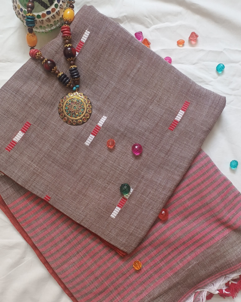 Handloom Muted Brown Mul Cotton Saree