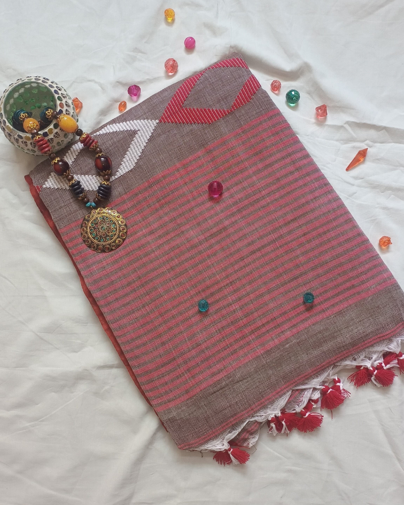 Handloom Muted Brown Mul Cotton Saree
