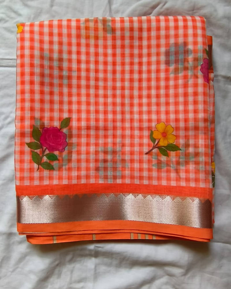 Orange Linen with Mangalgiri Border