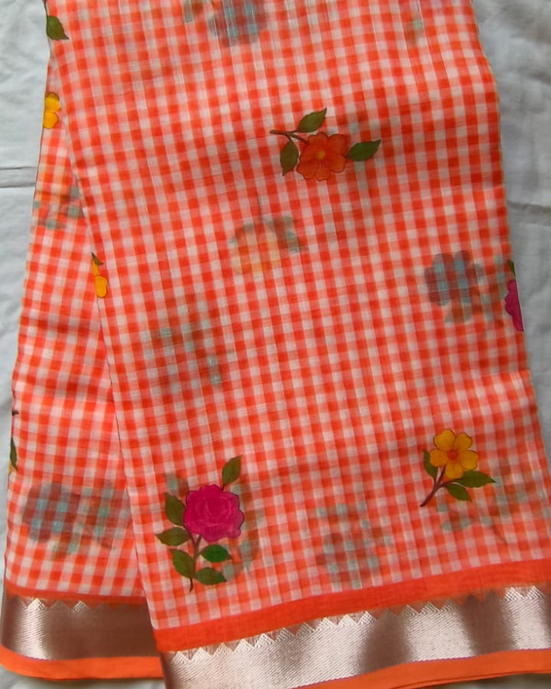 Orange Linen with Mangalgiri Border