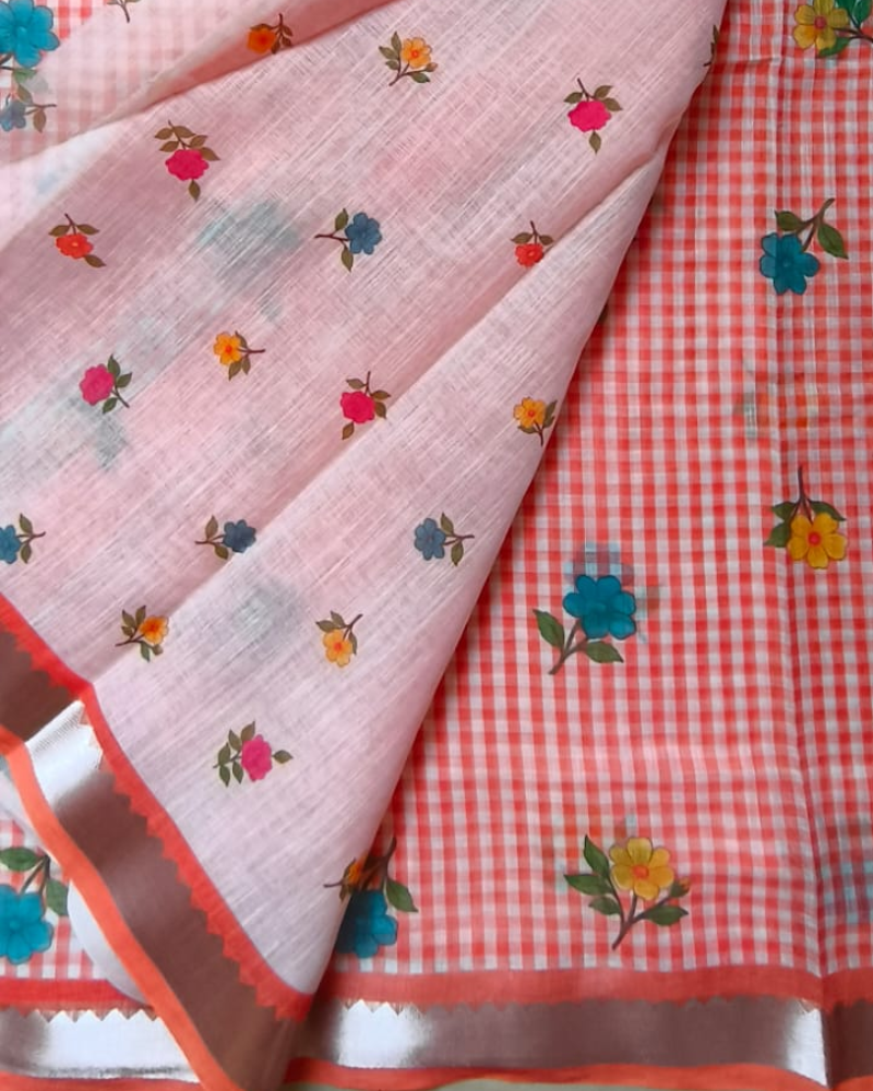 Orange Linen with Mangalgiri Border