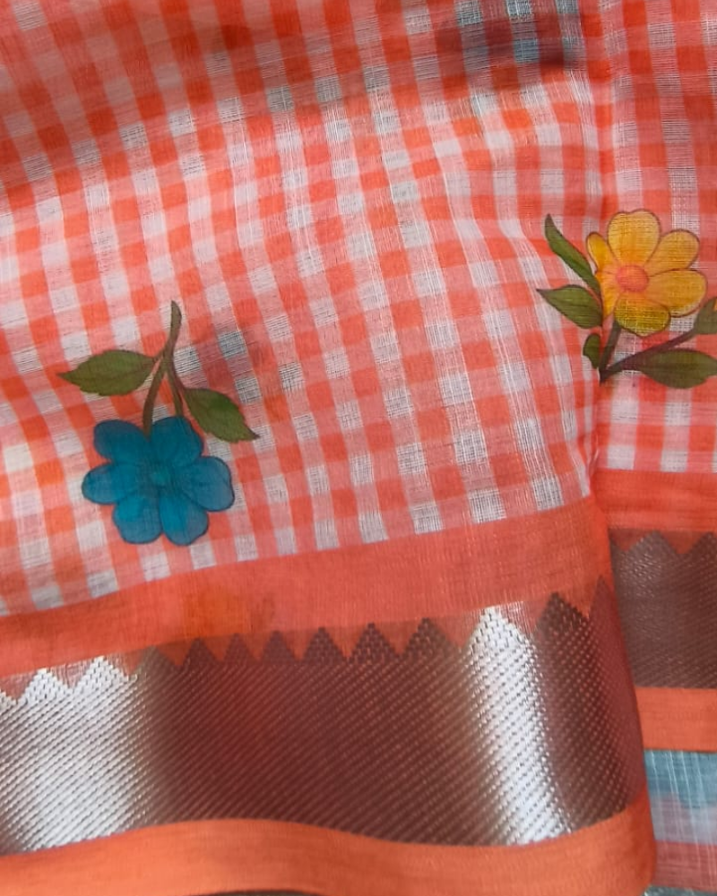 Orange Linen with Mangalgiri Border