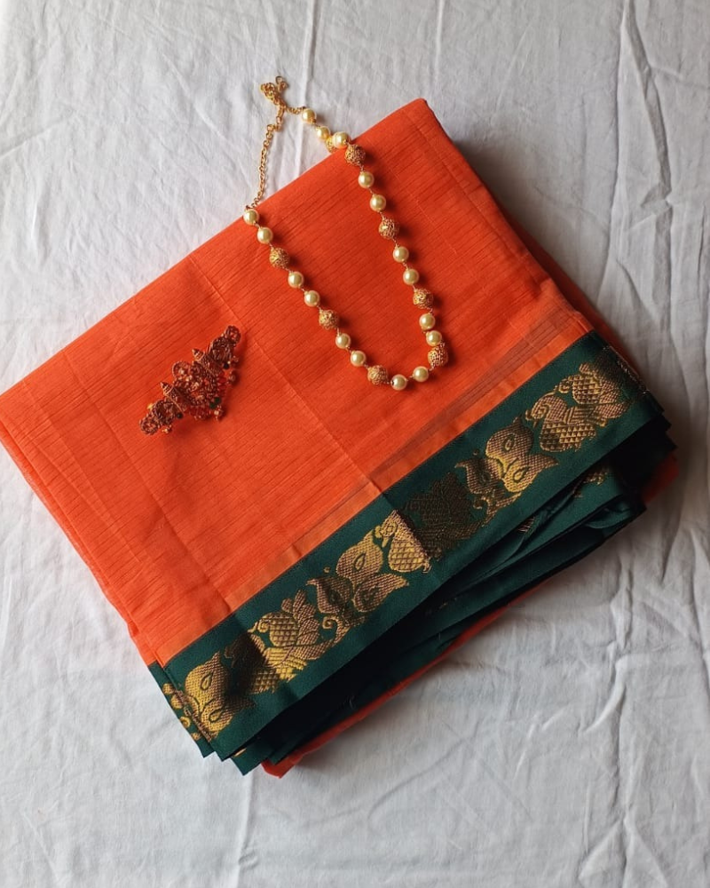 Orange Gadwal Handloom Cotton Saree